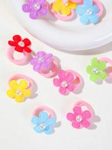30pcs Kids Multicolor Towel Ring Pearl Flower Small Hair Ties, High Elasticity, Non-Damaging Hair Accessories For Girls And Babies, Daily Use - Multicolor - View 3