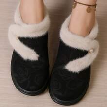Los Sankii Vintage Dark Pattern Mom Shoes, Autumn/Winter Plush Trim Pearl Buckle Thick Sole Warm Ankle Boots - Black - View 3