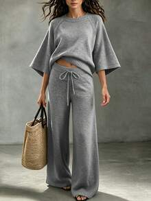 Women's Gray Crew Neck Raglan Three Quarter Sleeve Knit Sweater & Drawstring Wide Leg Pants Two Pieces Set, Casual Cozy Fall Winter Daily Wear - Grey - View 5