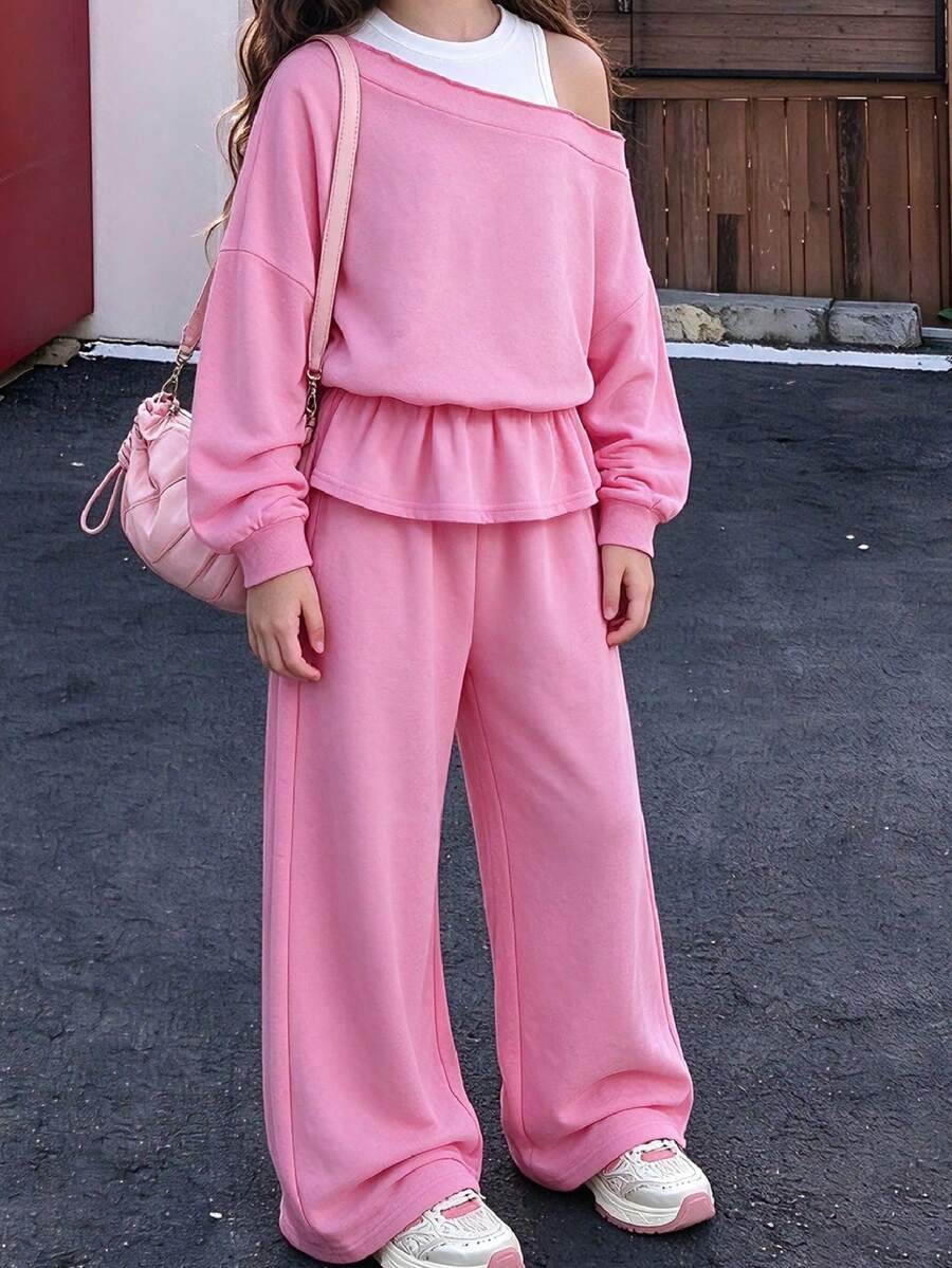 Lurzo Two Pieces Girls' Autumn And Winter Irregular Sloping Shoulder Sportswear Set, Spliced Long Sleeved Top+Wide Leg Pants, Outdoor/Back To School/Jogging - Pink - View 1