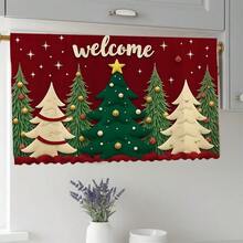 1pc Christmas Series Welcome Christmas Tree Pattern Printed Polyester Short Velvet Table Skirt, Kitchen Cabinet Cover Curtain, Easy To Hang, Ideal For Home Decor, Suitable For Kitchen Cabinets, Laundry Cabinets, Storage Cabinets, Etc., Can Be Used As Window Short Curtain Valance - Multicolor - View 3