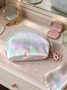 Bolsa de Maquiagem em Meia-Lua de Cetim Tie-Dye Rosa-Verde Pastel, Bolsa de Armazenamento de Cosméticos com Zíper e Borla de Nó Chinês, Organizador Portátil para Viagem e Uso Diário, Presente Fofo de Feriado e Aniversário para Mulheres, L'occitane - Rosa Bebê - Visão 3