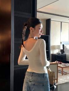Women's Minimalist Sexy Style Autumn Solid Color Top, Cross Hollow Lace Long Sleeve Slim Fit Base Layer, Suitable For Outings, Vacations, Cafes, Parties - White - View 10