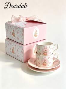 DearDali 1pc French Country Pink Rabbit & Floral Ceramic Cup And Saucer Set, Vintage Print, Highly Attractive Coffee Cup, Suitable For Breakfast Milk, Afternoon Tea, Home Gathering, Cafe, Fun Gift Cup For Friends - Multicolor - View 11
