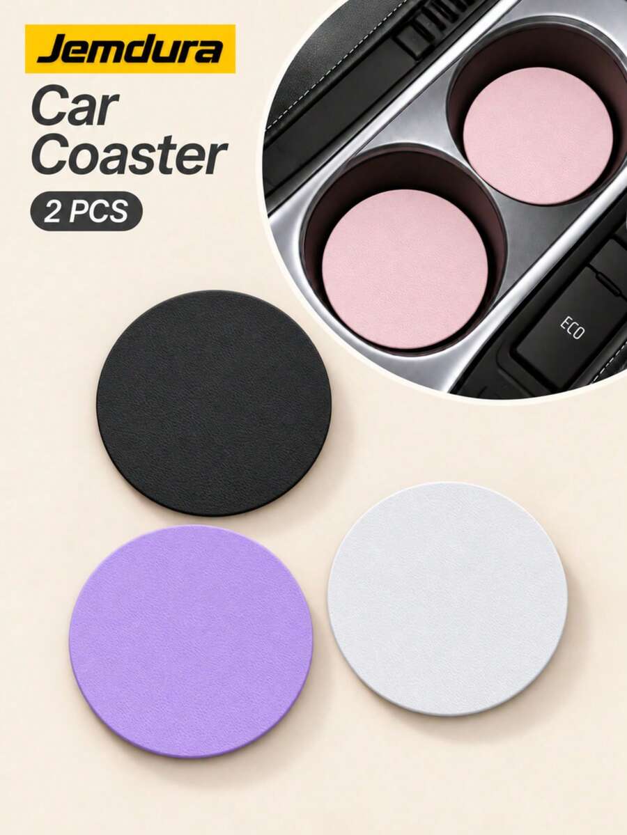 Jemdura Solid Color Car Cup Holder Coasters (2pcs) – Made Of PU Material; Non-Slip And Stain-Resistant; 2.75 Inch Diameter. Perfect Car Accessory – Especially For Women – Also An Ideal Choice For Drivers Who Enjoy Drinking Water Or Coffee On The Go. - Solid Color Car Cup Holder - View 1