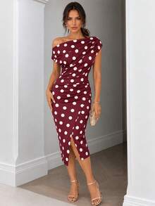 ChicMe Women's Polka Dot Print Asymmetric Neckline Ruched Fitted Dress, Elegant Wrap Slit Midi Dress, Sexy Cocktail Party Outfit - Rose Red - View 7