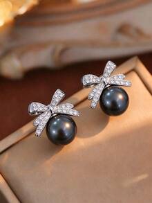 1 Pair Retro Black Bow & Faux Pearl Stud Earrings, Elegant Niche Earrings For Autumn/Winter & New Year - Black - View 1