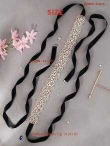 優雅水鑽花卉晚禮服腰帶 長款黑色緞面絲帶收腰束腰飾品 適用宴會伴娘婚紗 - 黑色 - 查看 10