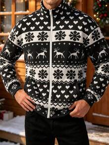 Men's Autumn/Winter Christmas Vintage Snowflake & Deer All-Over Print Zip-Up Jacket - Multicolor - View 3