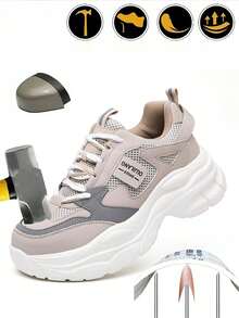 Fashion Women's Work Shoes Steel Toe Sports Outdoor Boots, Breathable Mesh Hiking Climbing Shoes, Essential For Industrial Construction Work, Unisex For Spring Summer Autumn Winter - Beige - View 2