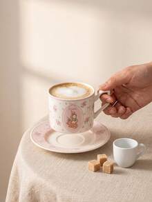 DearDali 1pc French Country Pink Rabbit & Floral Ceramic Cup And Saucer Set, Vintage Print, Highly Attractive Coffee Cup, Suitable For Breakfast Milk, Afternoon Tea, Home Gathering, Cafe, Fun Gift Cup For Friends - Multicolor - View 8