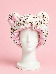 Leopard Print Plush 3D Cat Ear Bow Headband Cap, Quick-Drying Soft Sleep Cap, Suitable For Daily Nighttime Hair Care - Multicolor - View 9