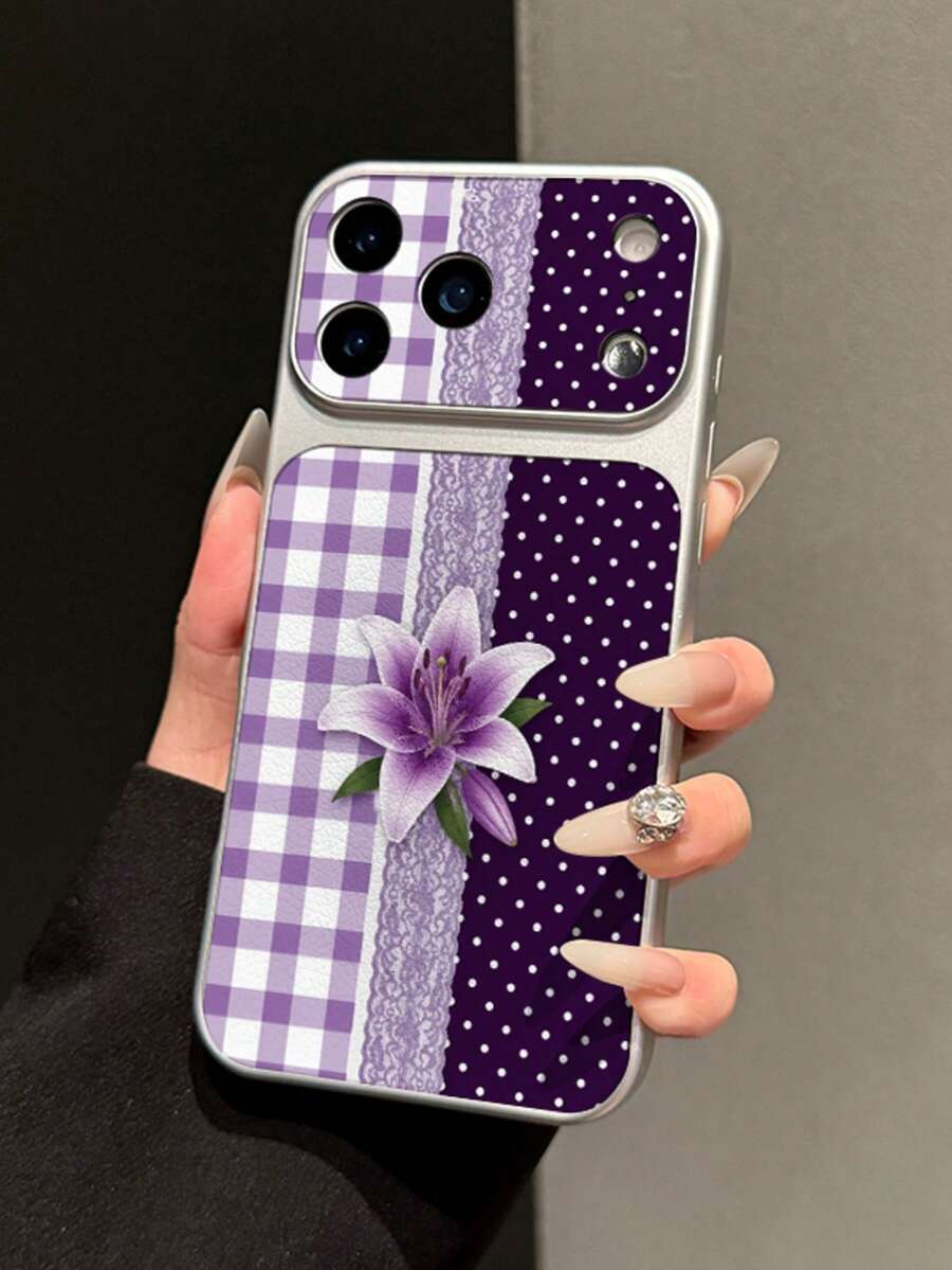 1pc Purple Lily Floral Patchwork Print Leather Texture Phone Case Electroplated Matte Silver Edge Plaid Lace Polka Dot Pattern Full Coverage 1.5mm Anti-Drop Creative Raised Large Window Instant Change 18PM Precise Lens Cutout Soft Shell Daily Suitable For IPhone18Pro/18Promax/17/17Pro/17PROMAX/16/16Pro/16PLUS/16PROMAX/15/11/12/13/14/15Pro/14Pro/13Pro/15PROMAX/14PROMAX/13PROMAX - Multicolor - View 1
