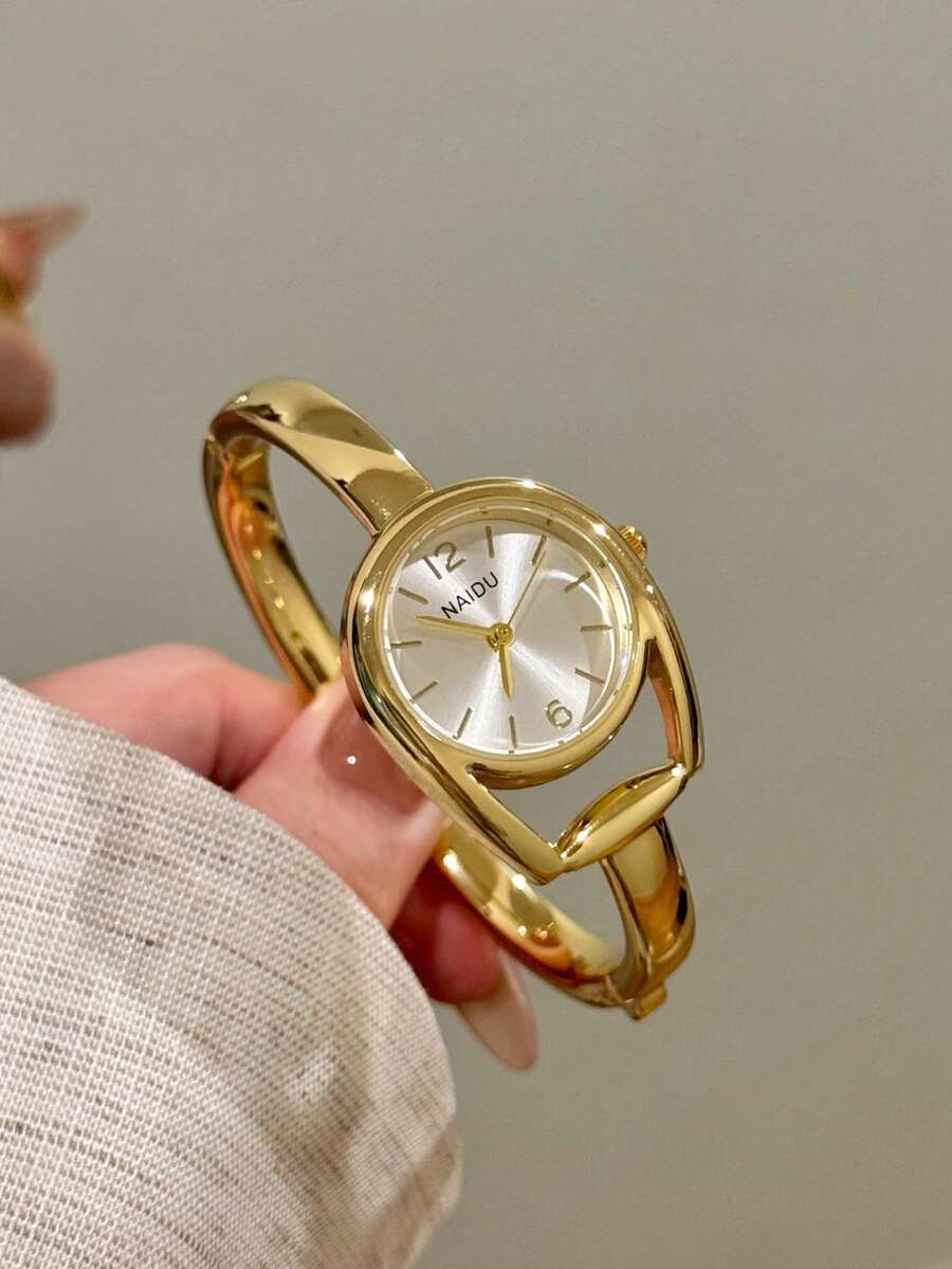1件金色女款手錶，圓形白色錶盤，極簡混合刻度設計，適合日常配戴、派對與送禮 - 金色 - 查看 1