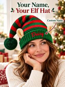 1pc Personalized Knitted Elf Christmas Hat With Custom Name, Red Green Striped Beanie With Ears And Pom Pom, Xmas Holiday Party Costume Accessory - Multicolor - View 10