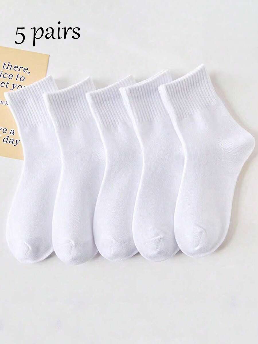 5 Pairs Children's Round Neck Socks, Breathable & Odor-Resistant, Suitable For All Seasons, White, Suitable For School, Sports And Various Occasions - White - View 1