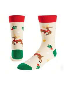 1/3 Pairs Men's Mid-Calf Socks With Creative Cartoon Reindeer And Star Patchwork, Fun Christmas Gift, Autumn/Winter Style - Multicolor - View 3