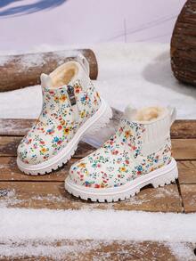 1 Pair New Children's Thermal Lined Floral Ankle Boots, Side Zipper Design Easy To Put On And Take Off, Thick Sole Anti-Slip Warm Soft Bottom Boots For Infants - White - View 8
