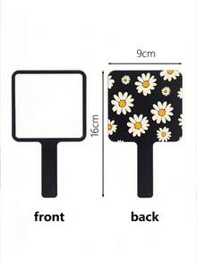 Black Daisy Handheld Mirror, Square Handle Makeup Mirror With White Flower Pattern Back, Portable Hand Mirror For Women Girls, Makeup Tools Vanity Accessories Room Decor Bedroom Vanity Dressing Table, Christmas Gift, School Travel Essentials - Multicolor - View 4