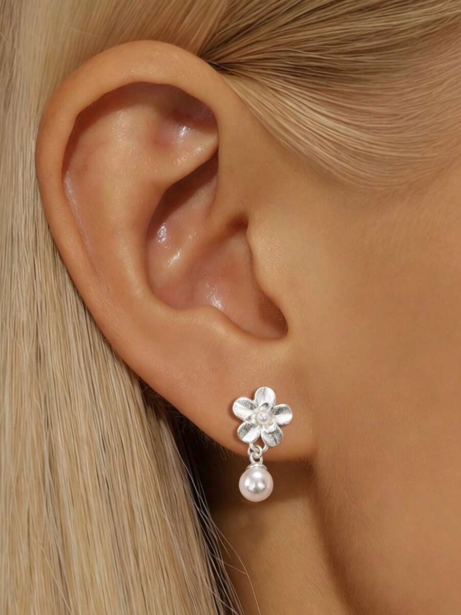 1 Pair S925 Sterling Silver Flower Dangle Round Bead Earrings For Women ...