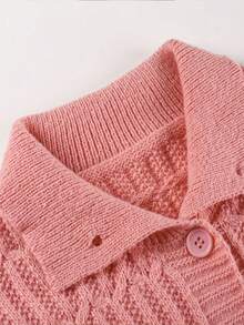Women's Plus Size Textured Knit Cardigan With Organza Bow, Stand Collar Button Front, Autumn/Winter Office Casual Knit Top - Watermelon Pink - View 9
