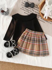2pcs Baby Girl Cute Peter Pan Collar Ribbed Long Sleeve Top & Plaid Brushed Skirt Set, Thin Spring/Autumn - Black - View 2