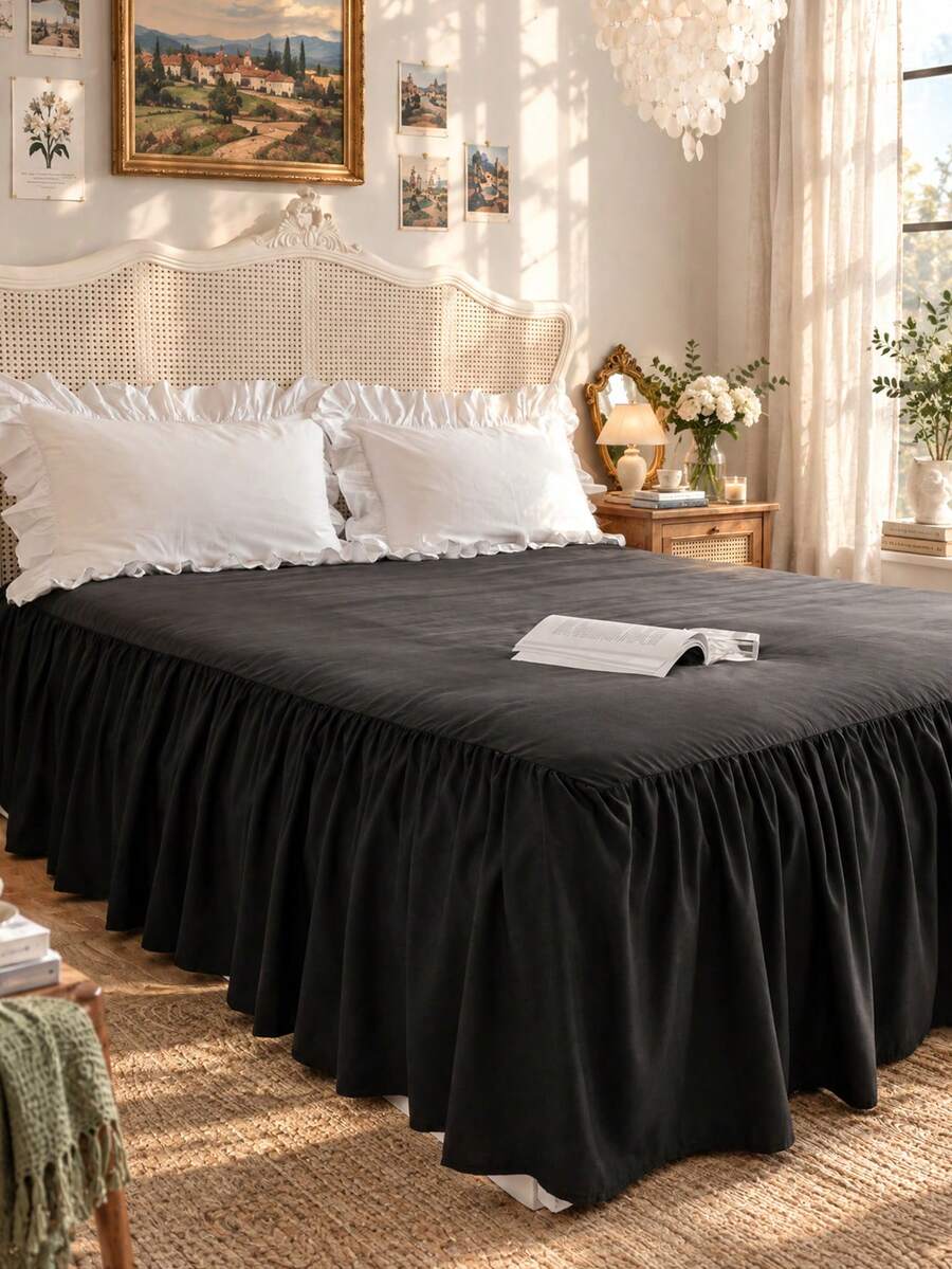 1pc Bed Skirt, Bedding, Soft & Breathable Bed Sheet With Ruffled Hem And Elastic Corners, Comfortable Sleep, Lightweight & Elegant, Cloud-Like Soft Touch, Fits Twin, Full, Queen, King Size Beds, Machine Washable, Princess Style Room Decor - Black - View 1