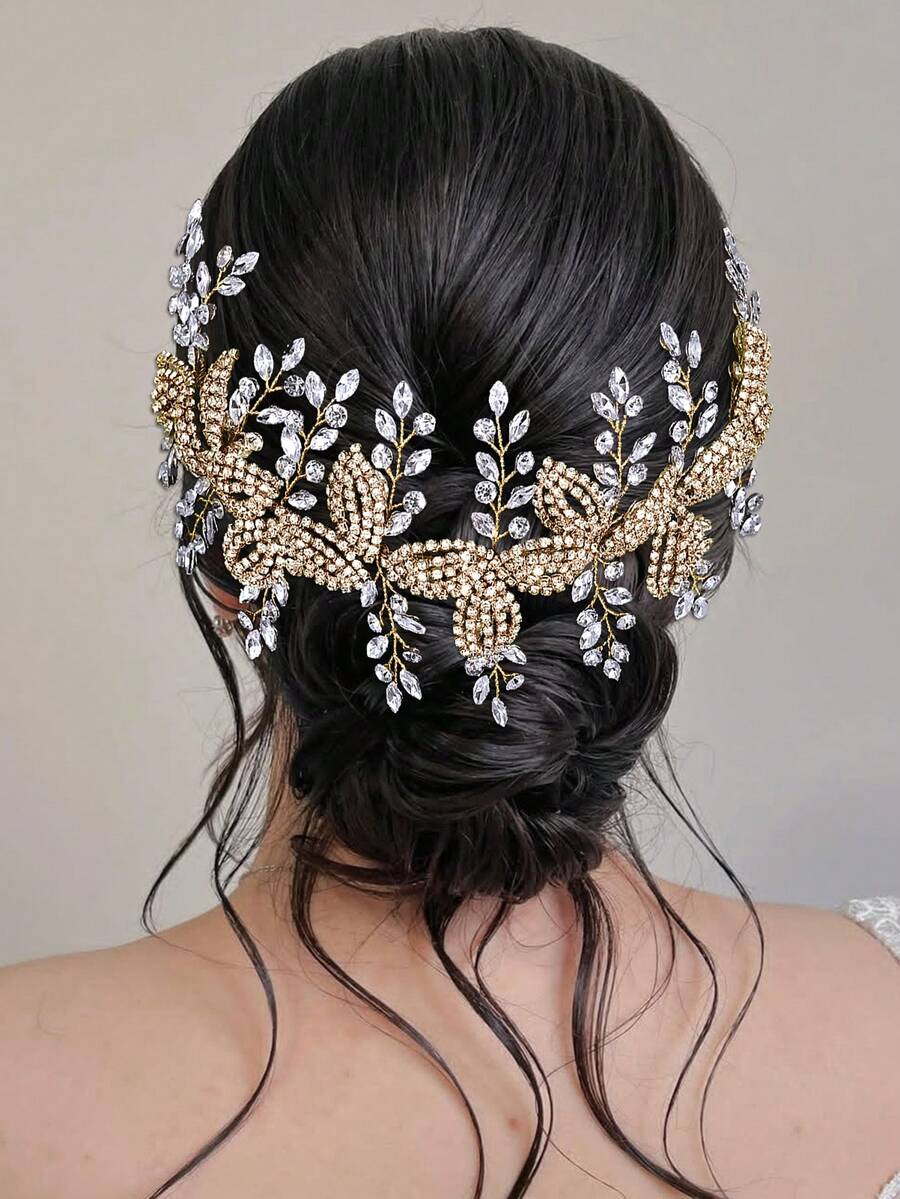 1PC Sparkling Rhinestone Bridal Hairband Fashion Leaf Shaped Women's Wedding Headband Suitable For Festive Party Hair Accessories