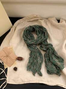 1PC Soft Women Green Floral Scarf Crinkle Chiffon Long Skinny Wrap Boho Vintage Gift Fall Winter Outfit Holiday - Dark Green - View 4