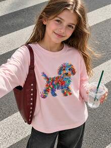 Tween Girl 1pc Line Puppy Print Long Sleeve T-Shirt, Suitable For Girls' Autumn/Winter Tops, Young Student Children's Clothing, Suitable For Outerwear And Layering - Pink - View 1