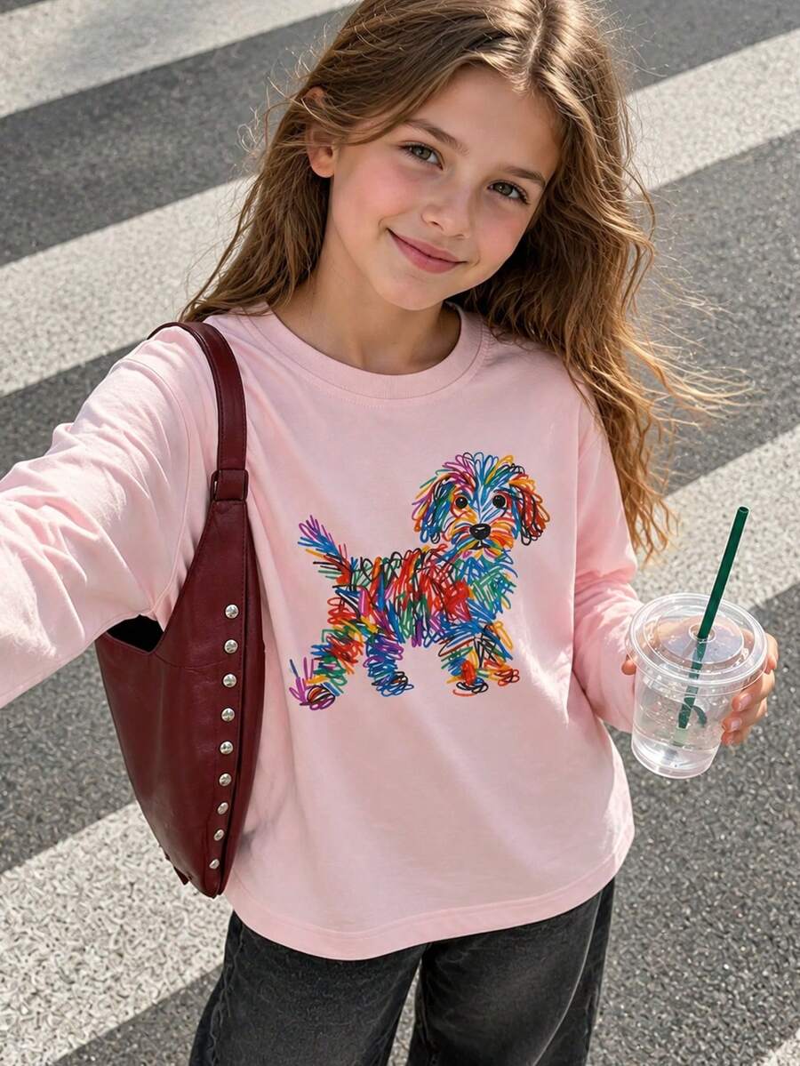 Tween Girl 1pc Line Puppy Print Long Sleeve T-Shirt, Suitable For Girls' Autumn/Winter Tops, Young Student Children's Clothing, Suitable For Outerwear And Layering - Pink - View 1