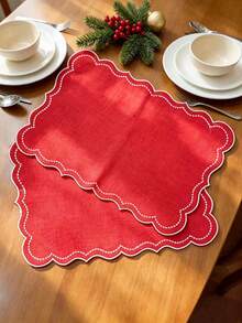 4pcs Solid Color Christmas Embroidered Placemats, Pastoral Style Polyester Fiber Table Mats, Suitable For Dining Table, Coffee Table, Tea Table, Daily Home Decor, Vase Mat, Wedding, Holiday Party - Red - View 6