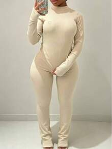 Early Autumn Semi-High Neck Heart Embroidery Ribbed Knit Fitted Crop Top & Flared Long Pants 2 Pieces Set - Apricot - View 1