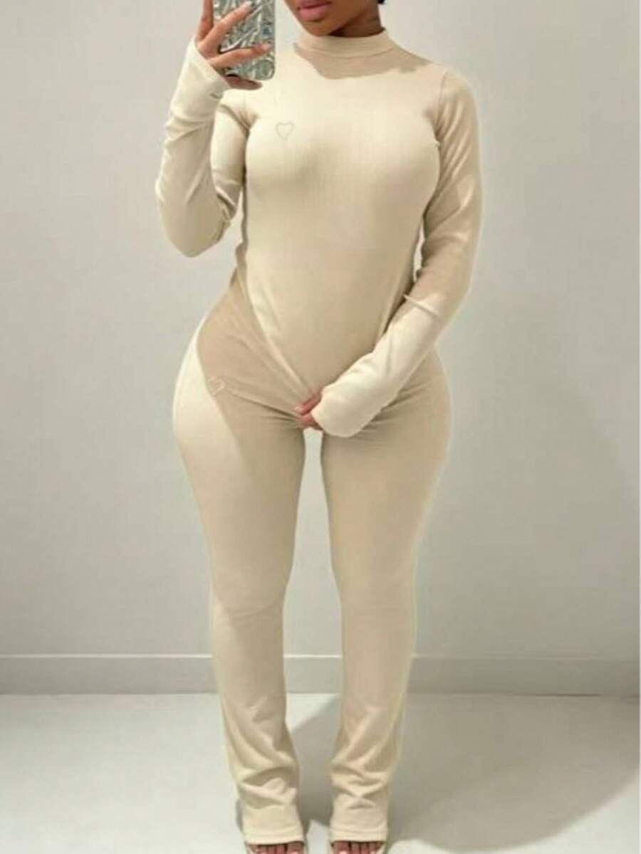 Early Autumn Semi-High Neck Heart Embroidery Ribbed Knit Fitted Crop Top & Flared Long Pants 2 Pieces Set - Apricot - View 1