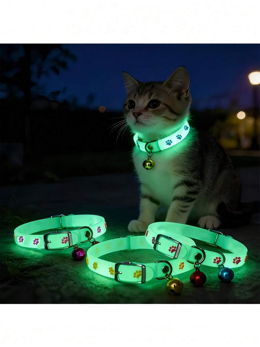 Random Color Pet Glow Collar, Cute Night Glow Pet Collar, Glow-In-The-Dark Pet Collar - Glow Collar With Paw Print, Night Safety Anti-Loss Collar, Suitable For Small Dogs And Cats, Multiple Colors - Multicolor - View 1