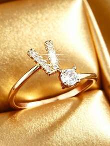 1pc Fashion Copper Plated Niche Luxury Inlaid Shiny Zirconia Ring, 26 Letter Design, Suitable For Women's Daily Wear Creative Minimalist Exquisite Finger Ring - Yellow Gold - View 28
