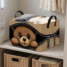 1PC Cute Bear Zipper Camouflage Print Fabric Storage Basket With Handles, Storage Bin, Home Clothes Sundries Organizer, Fun Cartoon Desktop Decor Storage Box, Bedroom Dorm Nursery Laundry Toy Book Organizer, Christmas Holiday Valentine Gift - Brown - View 3