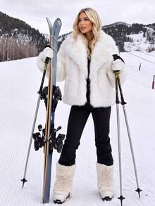 Women's Winter Solid Color Faux Fur Coat, Large Lapel Open Front Loose Thickened Plush Jacket - White - View 2