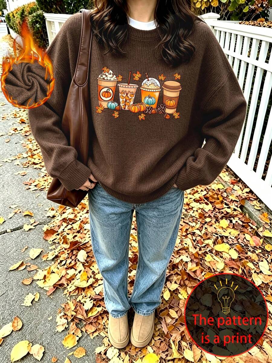 Women's Plus-Size Knit Top Featuring An Autumn Pumpkin-And-Coffee Themed Print; Casual And Comfortable, Suitable For Fall And Winter Wear. - Brown - View 1