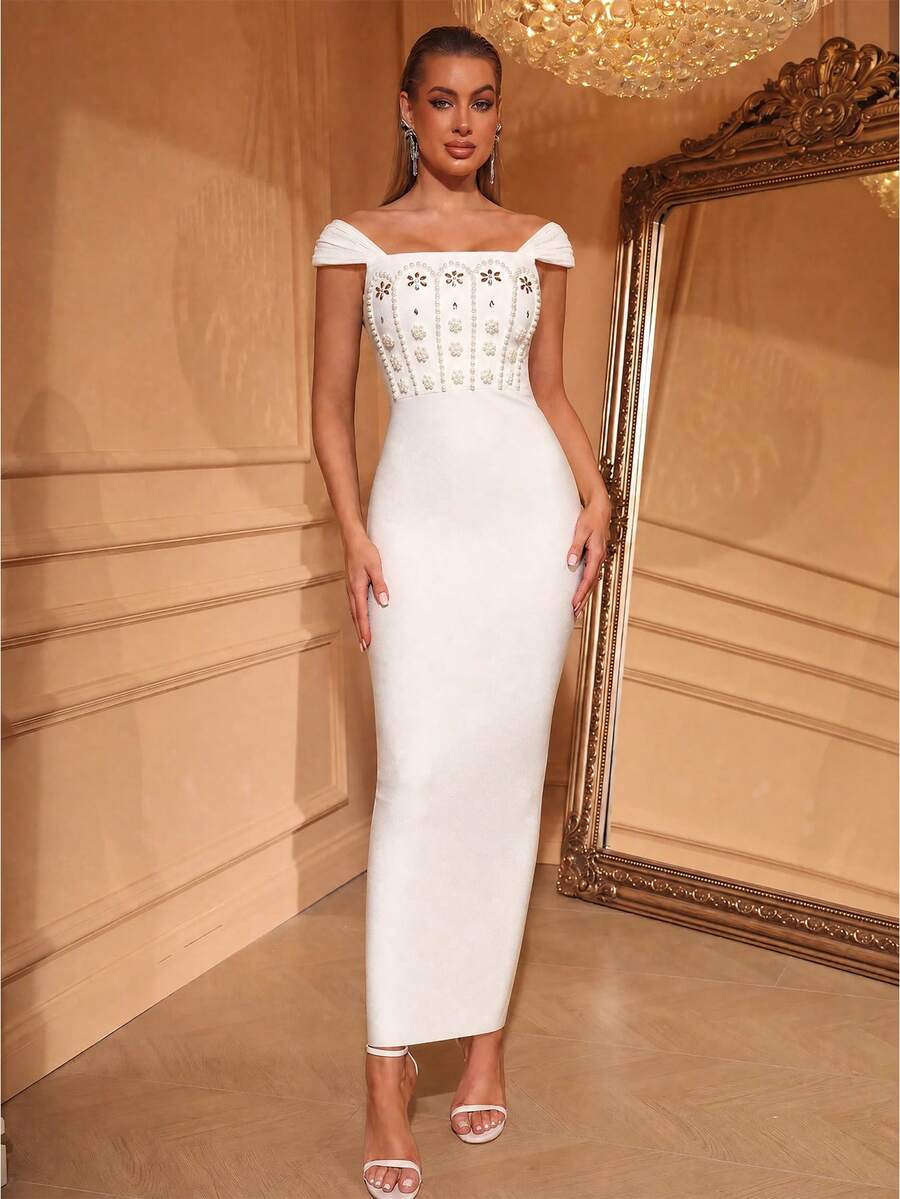 Love Aing Women's Summer Mesh Strappy Pearl Rhinestone Bodycon Sexy Cocktail Party Elegant Evening Semi-Formal Wedding Guest Dress - White - View 1