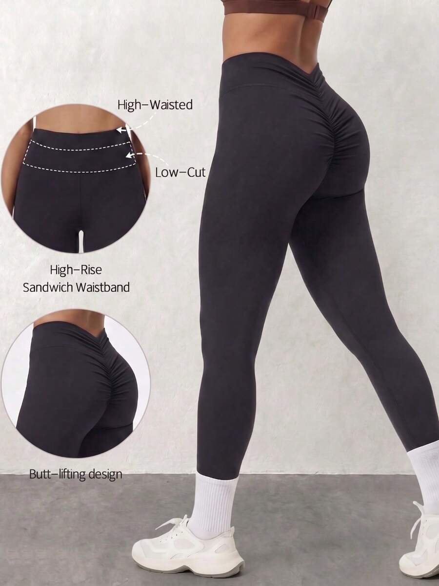Women's Butt-Lifting Ruched Sports Base Layer Leggings, 3D Ruched Butt Design For Butt-Lifting And Curve Enhancement, Showcasing Charming Waist Dimples And Perky Butt, Tight Fit And Slimming For S-Curve, Comfortable Tight Fit, Suitable For Yoga, Fitness, Running And Street Style - Black - View 1
