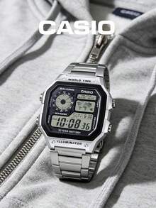Casio Unisex Digital Watch, Stainless Steel Band, Retro Square, 30M Water Resistant, World Time, LED Backlight, Sports Wristwatch - Silver - View 5