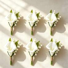 6pcs Mori Style Aesthetic Corsage Set For Groom And Bride, Ivory White Calla Lily With Artificial Greenery, Wedding Decor, Evening Party, Anniversary - Multicolor - View 10