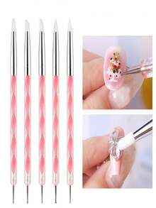 10 Pcs Nail Art Silicone Pen Set, Pink Glitter Handle Double Ended Nail Carving And Dotting Tools - Pink - View 2