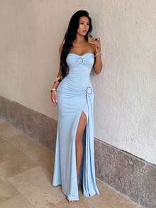 Elegant Women Strapless Backless Long Dress Slit Tie Back Bodycon Evening Gown For Prom, Bachelorette, Vacation, Blue, Christmas, New Year Outfits - Blue - View 6
