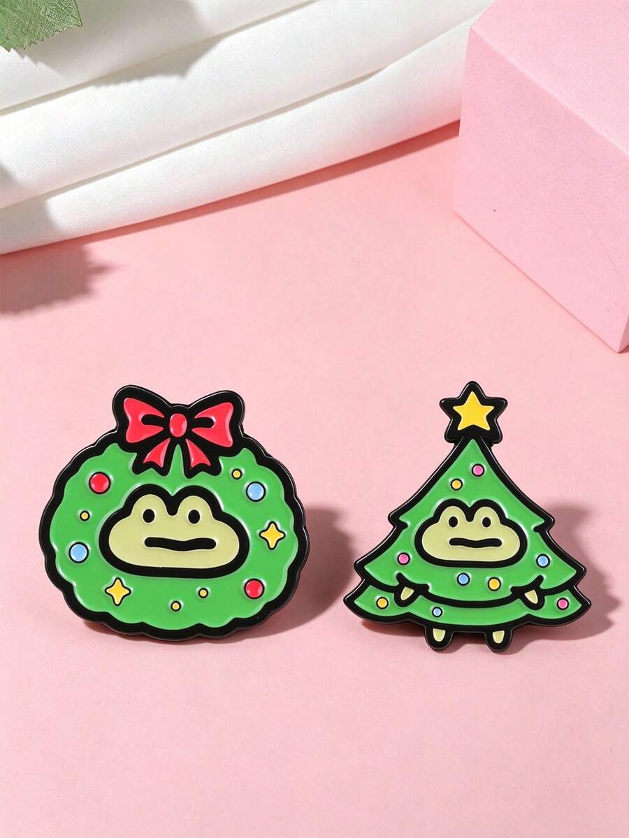 Novelty Christmas Themed Frog Enamel Pin Set, Cute Frog In Wreath Brooch, Frog Christmas Tree Badge, Holiday Decor For Backpack Hat And Clothing
