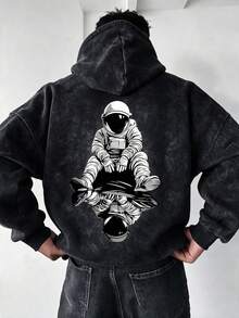 Men's Black Washed Distressed Hoodie, Mirror Astronaut Space Print Streetwear Loose Fit Pullover - Black - View 1