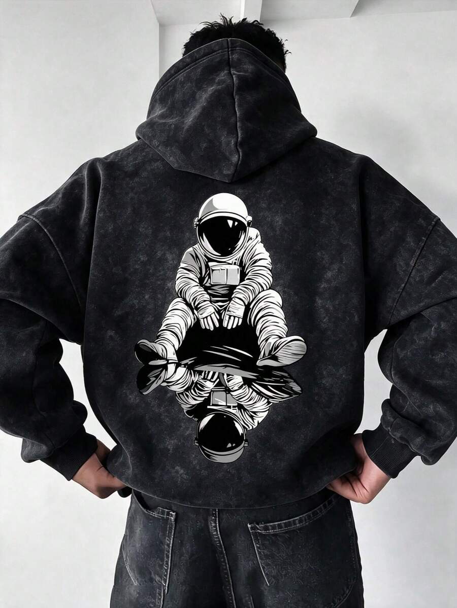 Men's Black Washed Distressed Hoodie, Mirror Astronaut Space Print Streetwear Loose Fit Pullover - Black - View 1