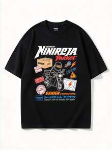Men Streetwear Graphic T Shirt, Motorcycle Courier Rider Package Box Japanese Text Sticker Patchwork Print Loose Fit Short Sleeve Casual Daily Tee - Black - View 1