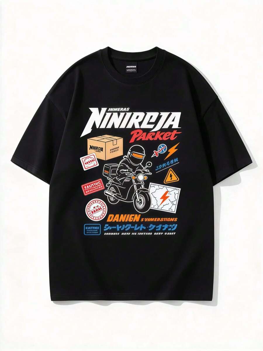 Men Streetwear Graphic T Shirt, Motorcycle Courier Rider Package Box Japanese Text Sticker Patchwork Print Loose Fit Short Sleeve Casual Daily Tee - Black - View 1